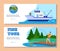 Fishing tourism or fish catch sport adventure vector illustration. Fisherman at lake with rod. Fish ship with fishing