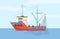 Fishing trawler or equipped ship for fishing fish and seafood, flat vector.