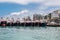 Fishing trawlers anchored in Aberdeen Bay, Hong Kong. Modern nautical vessels in fish industry.