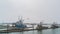 Fishing trawlers at dock in foggy weather in a marina and gull in sky