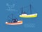 Fishing trawlers in open sea flat vector illustration. Commercial whaling boats and huge whale tail in ocean. Whaler