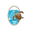 Fishing trip vector icon of turtle and fishnet