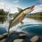 Fishing trophy, trophy freshwater pike fish jumping out of water AI-Generated