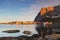 Fishing village on the coast of fjord on Lofoten islands in Nor