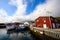 The fishing village and harbor in the beautiful blue sky at Fredvang, Lofoten island