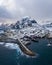 Fishing Village A, Rorbu, Sea and Mountains in Winter. Moskenes, Lofoten Islands. Landscape of Norway. Aerial View
