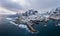 Fishing Village A, Rorbu, Sea and Mountains in Winter. Moskenes, Lofoten Islands. Landscape of Norway. Aerial View