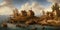 Fishing village by the sea in the style of old baroque painting ai Generated, generative AI, CGI graphics