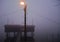 Fishing wooden hut in winter fog. Valli di Comacchio, Italy.