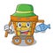 Fishing wooden trolley mascot cartoon