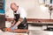 Fishmonger slicing smoked salmon, UK