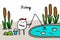 Fishsing hand drawn vector illustration. Cartoon men catching animals in the pool