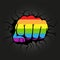 Fist in the colors of LGBT smashes a black background