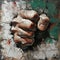 A fist emerges through rubble, Palestine\\\'s resilience amid hardship, symbol of strength and hope