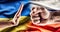 Fist expressing aggression over the Russian flag while hand showing stopping gesture is above the Ukrainian flag