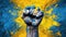 Fist painted in colors of Ukraine flag, strength,power,concept of conflict. Generative AI