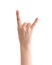 Fist with raised index finger and little finger on white background