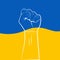 Fist silhouette on Ukrainian national flag. Stay strong and stop the war in Ukraine. No war banner or template