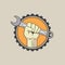 Fist with wrench on gear background.