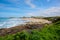 Fistral beach Newquay North Cornwall uk with bluebells and waves in spring best surfing beach in the UK