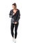 Fit active woman in legging zip tracksuit jacket fastener looking down