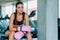 Fit beautiful young woman muay thai boxer exercise class in a gym. Healthy, sport, lifestyle, Fitness, workout concept. With copy
