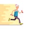 Fit elderly woman jogging with dumbbells