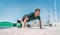 Fit exercises man strength training core doing balance push-ups workout at outdoor gym balancing on stability medicine