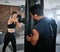 Fit female boxer boxing a punching bag with fitness training advice from her personal trainer at a gym studio. Strong