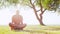 Fit and handsome man practicing yoga outdoor on the grass. Sea, sky and the tree on the background. Stretching exercise