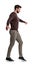 A fit man in casual clothes looks down as he lifts his foot during tightrope walking steps on a white background.