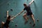 Fit Man And Woman Climb Up An Indoors Rock Wall, Athlete People Bouldering