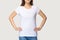 Fit millennial girl demonstrate white t-shirt with blank copy space