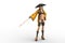 Fit and sexy martial arts girl with a Shinai training sword wearing a yellow robe and samurai hat. 3D illustration isolated on a