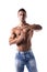 Fit shirtless muscle man gesturing time out sign with his hands