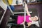 Fit woman lifting the barbell bench press