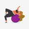 Fitness ball for Girl Plus Size. Health sport in club. Fat Woman doing exercises, weight loss, warming up. Training pose