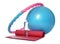 Fitness ball, yoga mat, bottle of water and hula hoop isolated