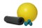 Fitness ball, yoga mat and dumbbells isolated