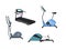 Fitness cardio machines set, treadmill elliptical rowing bike trainers vector graphic