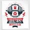 Fitness center vector marketing banner made using disc weight dumbbell and kettle bell sport equipment surrounded