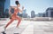 Fitness, city and woman running for exercise, health and wellness. Sports runner, energy and female athlete exercising