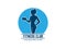 Fitness club logo or emblem with woman silhouettes. Woman holds dumbbell.