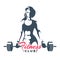 Fitness Club Logo Woman Holds Barbell on White Background