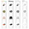 Fitness coach, fruit salad, male torso, gymnastic mat. Fitness set collection icons in cartoon black monochrome outline