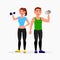 Fitness couple isolated on white background. Man and woman with dumbbells in good shape dressed in sportswear  illustration