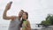 Fitness couple taking selfie after running workout