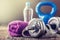 Fitness Equipment. Kettlebell dumbbells towel water and measuring tape