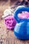 Fitness Equipment. Kettlebell dumbbells towel water and measuring tape