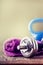 Fitness Equipment. Kettlebell dumbbells towel water and measuring tape